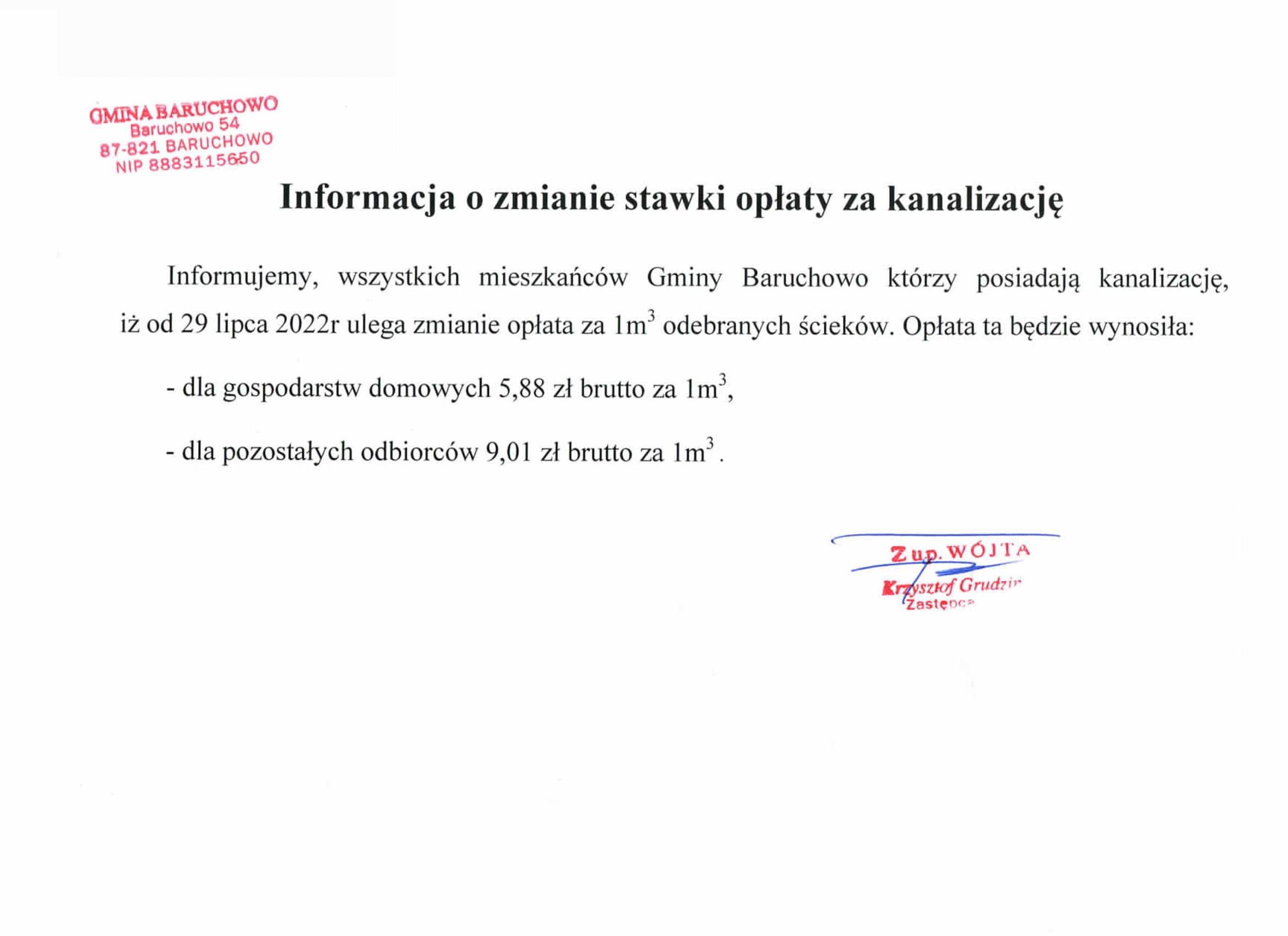 Dok. informujący o stawkach za kanalizacje